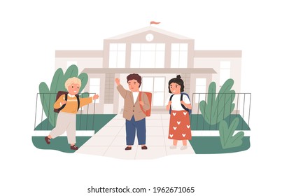 Happy children with backpacks meeting near school building. Girls and boys greeting each other. Elementary pupils with schoolbags. Colored flat vector illustration isolated on white background