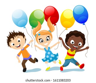 Happy children with balloons in their hands run on a white background.