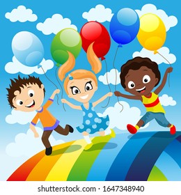 Happy children with balloons in their hands run on a rainbow.