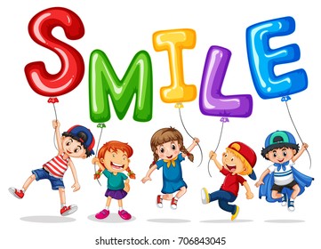 Happy children and balloons for word smile illustration