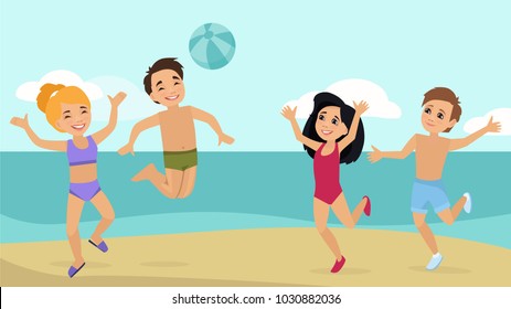 Happy children in bathing suits, jump and play volleyball on the beach isolated on white background. Concept of happiness and fun. Vector illustration for banner, poster, website, invitation.