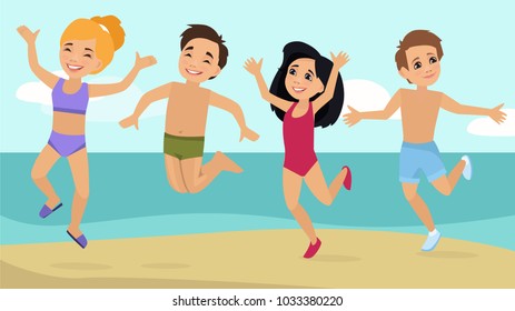 Happy children in bathing suits, jump and play volleyball on the beach isolated on white background. Vector illustration for banner, poster, website, invitation.