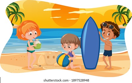 Happy children at the beach illustration