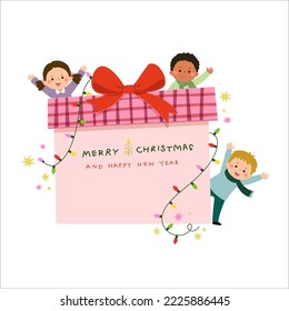 Happy children with big gift box. Merry Christmas and Happy New Year card.