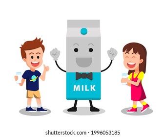 Happy children with the big milk box character