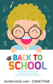 Happy children with big sign board. Back to school banner background. Cute school kids.education concept, Template for advertising brochure, your text ,Vector Illustration
