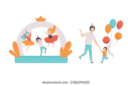 Happy Children in Birthday Hat Jumping with Joy and Carrying Bunch of Balloons with Dad Celebrating Holiday Vector Set