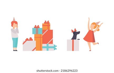 Happy Children in Birthday Hat Near Gift Box Celebrating Holiday Vector Set