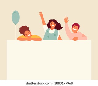 Happy children at the blank poster. Advertising and message vector template