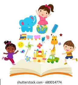Happy children and book