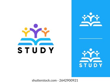 Logo de los niños felices y del libro. concepto de diseño del Vector de la educación del estudio	
