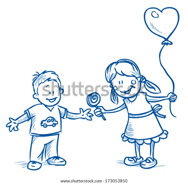 Happy Children Boy Girl Playing Balloon Stock Vector Royalty Free