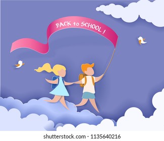 Happy children boy and girl run back to school with flag. Paper cut design Vector illustration