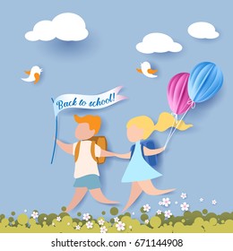 Happy children boy and girl run back to school with balloons and flag. Paper cut design Vector illustration