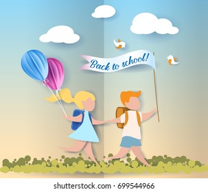 Happy children boy and girl run back to school with balloons and flag. Paper cut design Vector illustration
