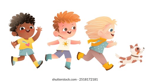 Happy children boys and girls playing running with dog. Happy childhood with dog friend, small kids run with puppy outside. Vector characters Illustration for children. kids cartoon.