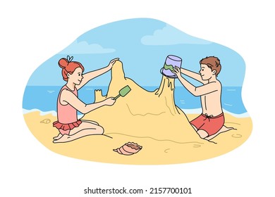 Happy children building sand castle on beach on summer holidays. Smiling little kids play with sandcastle enjoy summertime vacation on seacoast. Seaside fun concept. Vector illustration. 