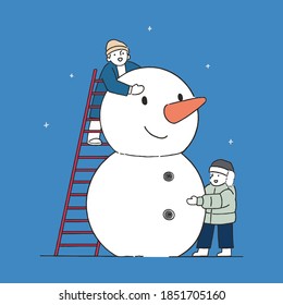 Happy children building snowman in the park, winter concept, hand-drawn line art style vector illustration.