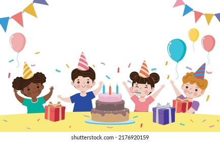Happy children with cake and gift box with balloons at the Birthday party and group of friends isolated on white background Vector Illustration