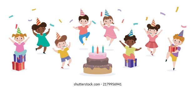 Niños felices con pastel y caja de regalo en la fiesta de cumpleaños y grupo de amigos aislados en fondo blanco Ilustración vectorial