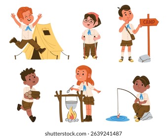 Happy children campers cartoon characters engaged in survival scouts activity isolated set. Kids hiking, cooking, making tent, fishing, carrying firewood, searching place for rest vector illustration