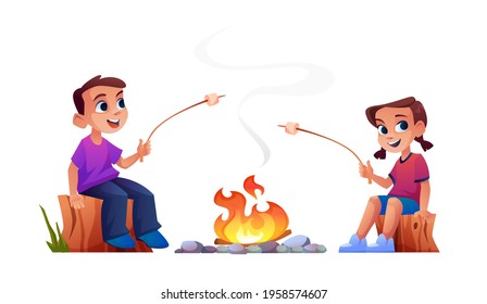 Happy children campers sitting at campfire together and marshmallow barbecue on fire. Vector boy and girl on wood logs resting on nature, summer adventure. Son and daughter with sticks cooking bbq