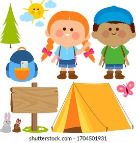 Glückliche Kinder auf einem Campingplatz. Vektorillustration-Illustrationssatz