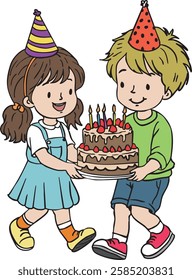 Happy Children Carrying a Birthday Cake with Lit Candles - Celebration Party Illustration