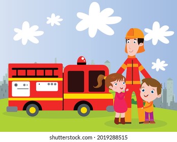 Happy children cartoon character hugging firefighter worker with firefighter truck background