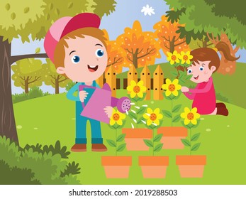 Happy children cartoon character watering flower at the garden in springtime