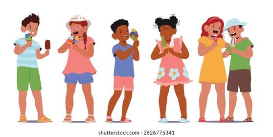 Happy children cartoon characters eating ice-cream sweet frozen summer dessert isolated set on white background. Cute cheerful boys and girls enjoying refreshment junk food vector illustration