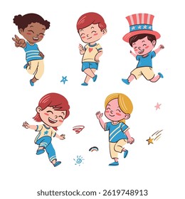 Happy children cartoon characters in various poses celebrating America Independent Day theme