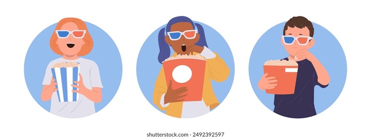 Happy children cartoon characters wearing goggles watching film movie at cinema round composition