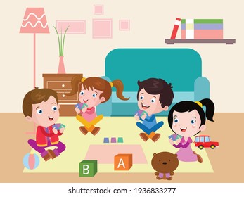 Happy children cartoon playing card together in the living room at home