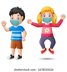 Happy children cartoon wear protective mask from virus. Vector illustration
