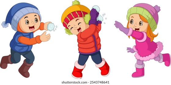 Happy children cartoon wearing winter clothes and playing snowball of illustration