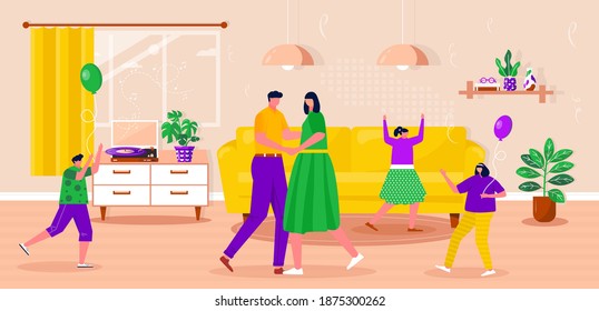 Happy children celebrate birthday on the party. People dancing and listen to music. Young boys and girls  spending time together, enjoying home entertainment. Vector flat interior illustration