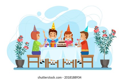 Happy children celebrate birthday party vector illustration. Cartoon boy girl characters sitting at festive table with chocolate cake, child friends on holiday celebration at home isolated on white