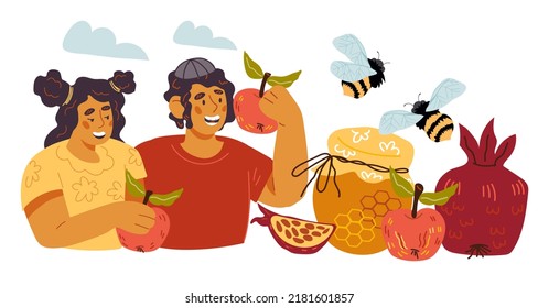 Happy Children Celebrate Rosh Hashanah, Flat Vector Illustration Isolated On White. Rosh Hashanah Jewish New Year Banner Or Poster Template With Kids Among Apples And Honey.