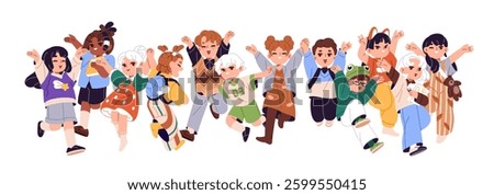 Happy children celebrate together. Group of students jumps for joy, rejoices at win, success, victory. Cute kids are hands up, have fun due summer holidays. Flat isolated vector illustration on white