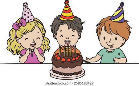 Happy Children Celebrating a Birthday with a Chocolate Cake and Candles - Colorful Vector Illustration