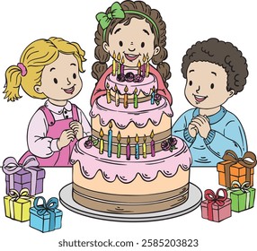 Happy Children Celebrating a Birthday with a Large Cake and Presents - Fun Party Illustration