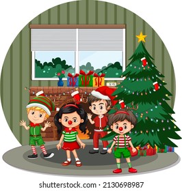 Happy children celebrating Christmas at home illustration