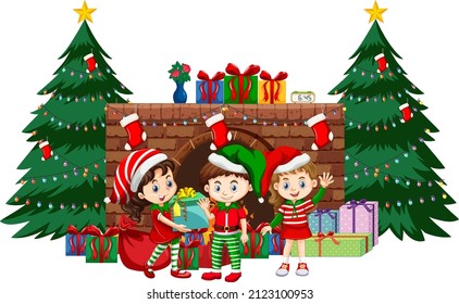 Happy children celebrating Christmas on white background illustration