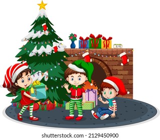 Happy children celebrating Christmas on white background illustration