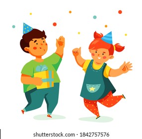 Happy children celebrating - colorful flat design style illustration with cartoon characters. Cheerful boy and girl in party hats jumping with joy, getting gifts. Holiday celebration, birthday idea
