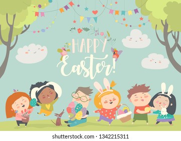 Happy children celebrating Easter in the forest