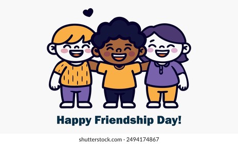 Happy children celebrating Friendship Day. Text: 'Happy Friendship Day!'. Bright colors: purple, yellow, orange