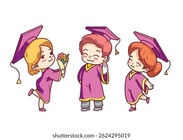 Happy children celebrating graduation in colorful caps and gowns with cheerful vector illustrations in various cute poses