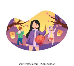 Happy children celebrating Lantern Festival flat style, vector illustration isolated on white background. Huge full moon, design element, boy eating traditional rice balls dish